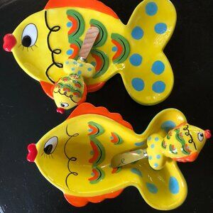 Bright Whimsical Hand-Painted Ceramic "Fish" 4-Pc Serving Set